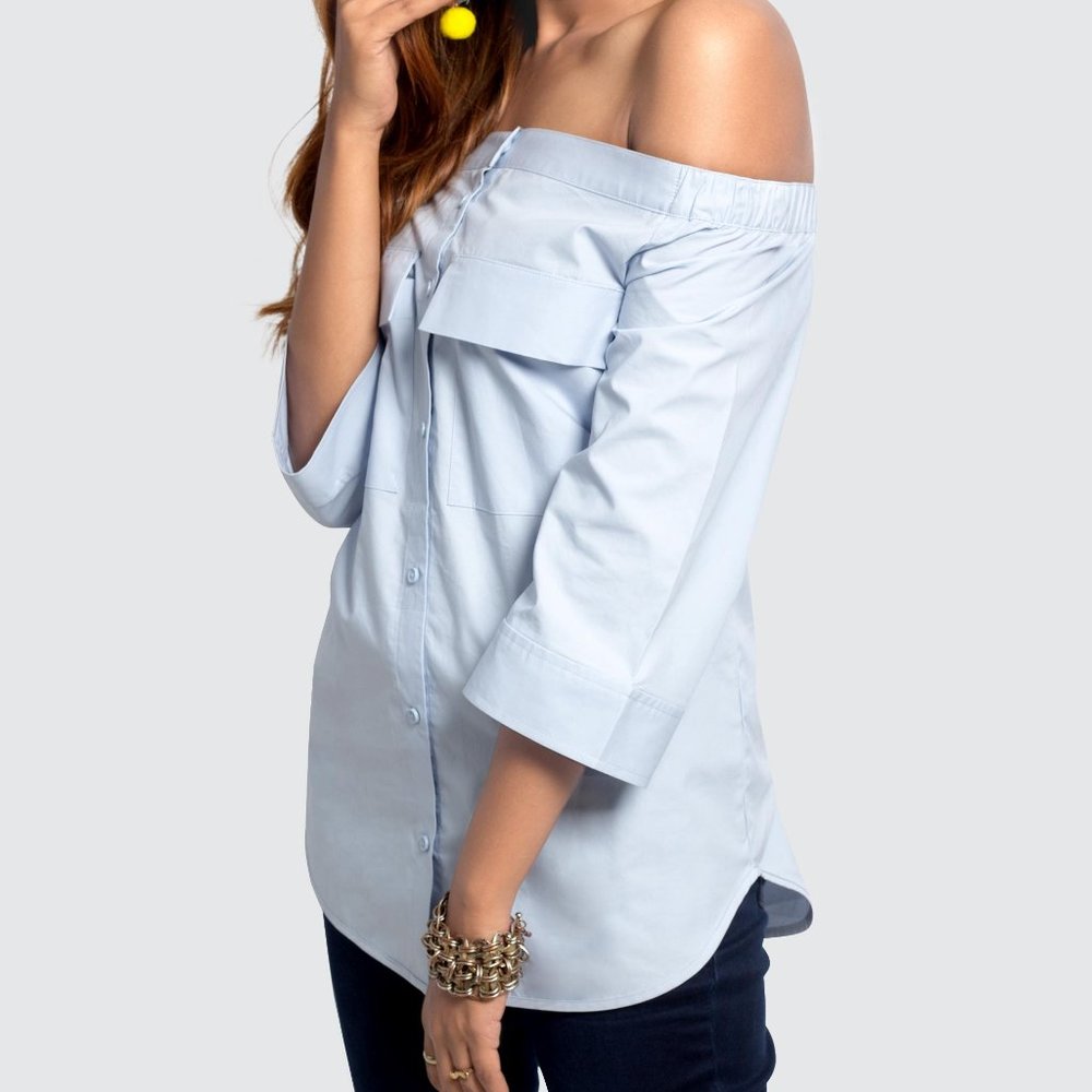 OLGYN Light Blue Top  off Shoulder 2 Front Pocket - Picture 3 of 5